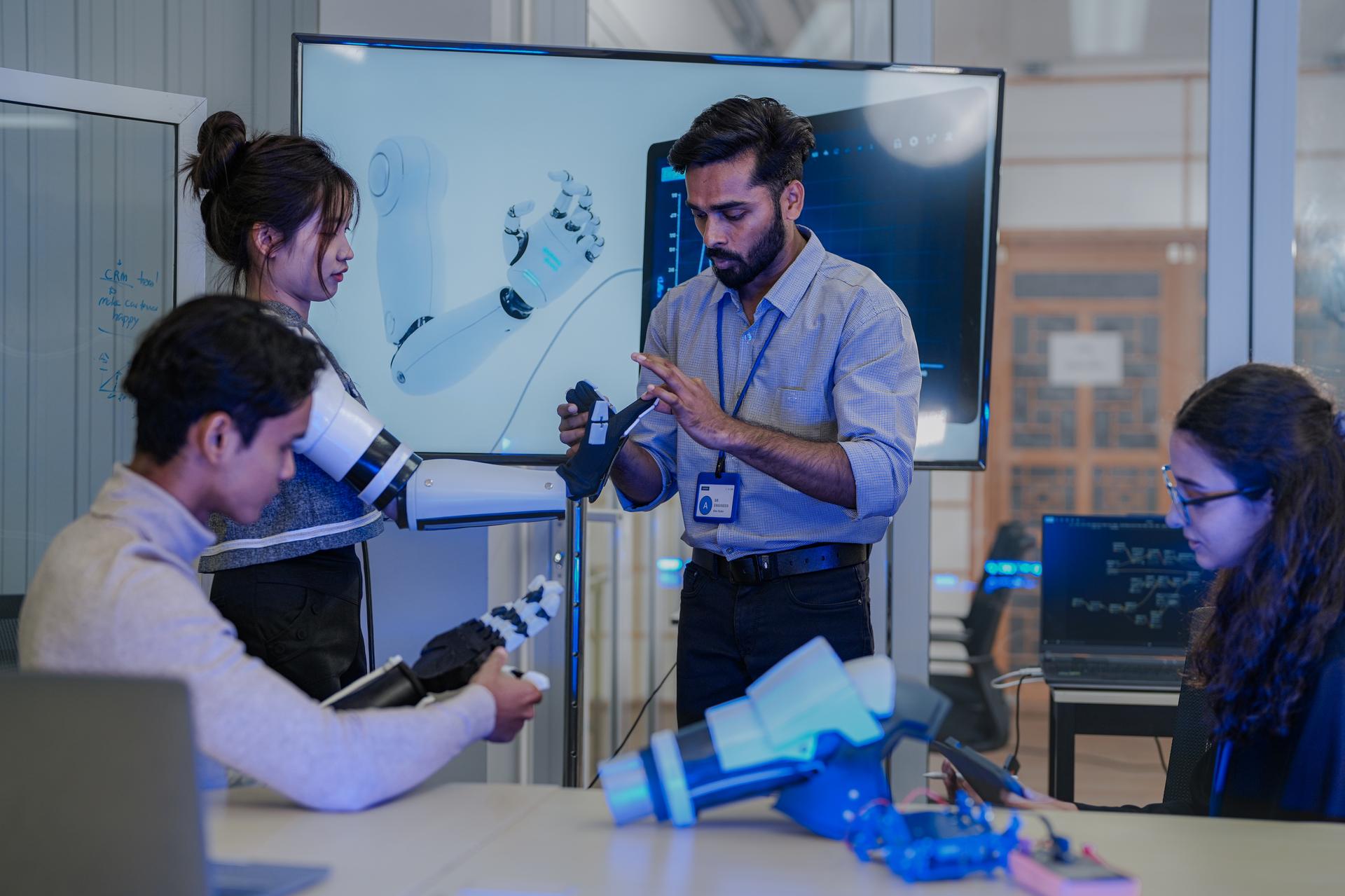 Engineers collaborating on a technical project