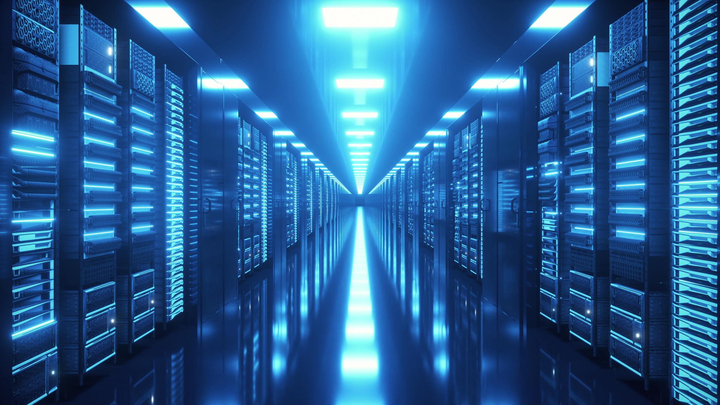 Enterprise data center corridor with illuminated server racks